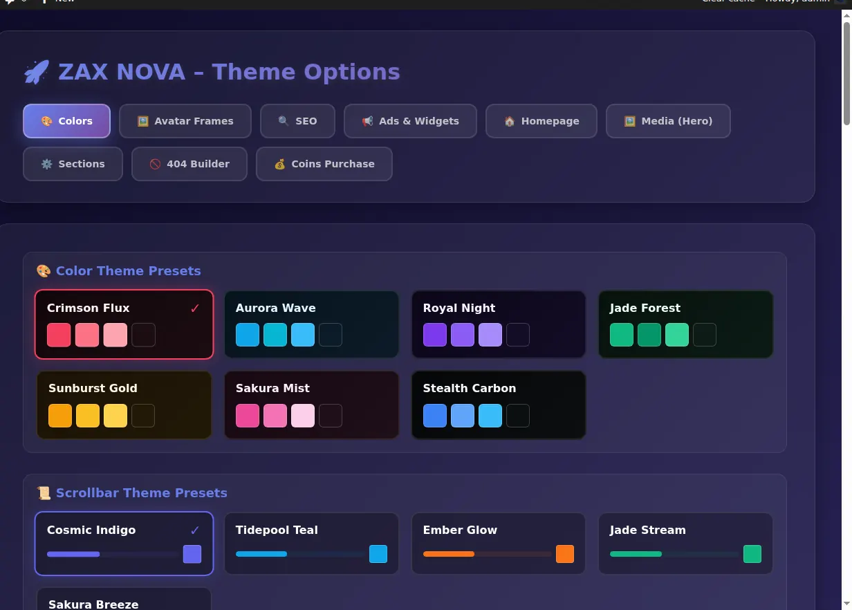 ZAX NOVA theme options color presets